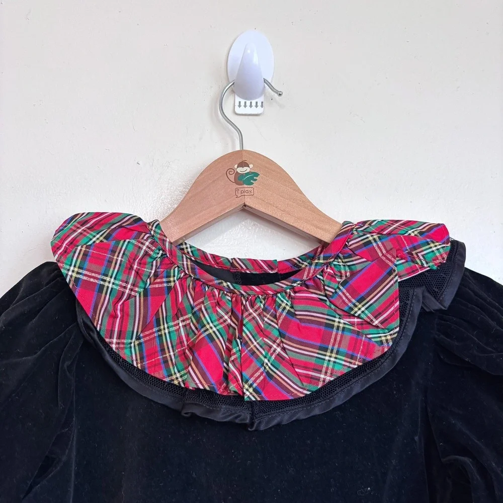 Vintage Girls Velvet Romper Jumper 5 Black Plaid Ruffle Holiday Christmas USA